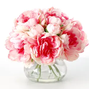 Lifelike Peony Bouquet in Glass Vase with Faux Water - Realistic Artificial Flowers Centerpiece - Fake Peonies for Home, Office