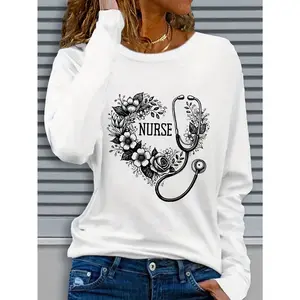 Women's Nurse-Themed Letter Print Long Sleeve Crew Neck T-Shirt - Floral & Stethoscope Graphic Design, Autumn/Winter Casual Top, Machine Washable Regular Fit Nursing Apparel, Everyday Comfort, Relaxed Fit Tee, Pullover Style Shirt