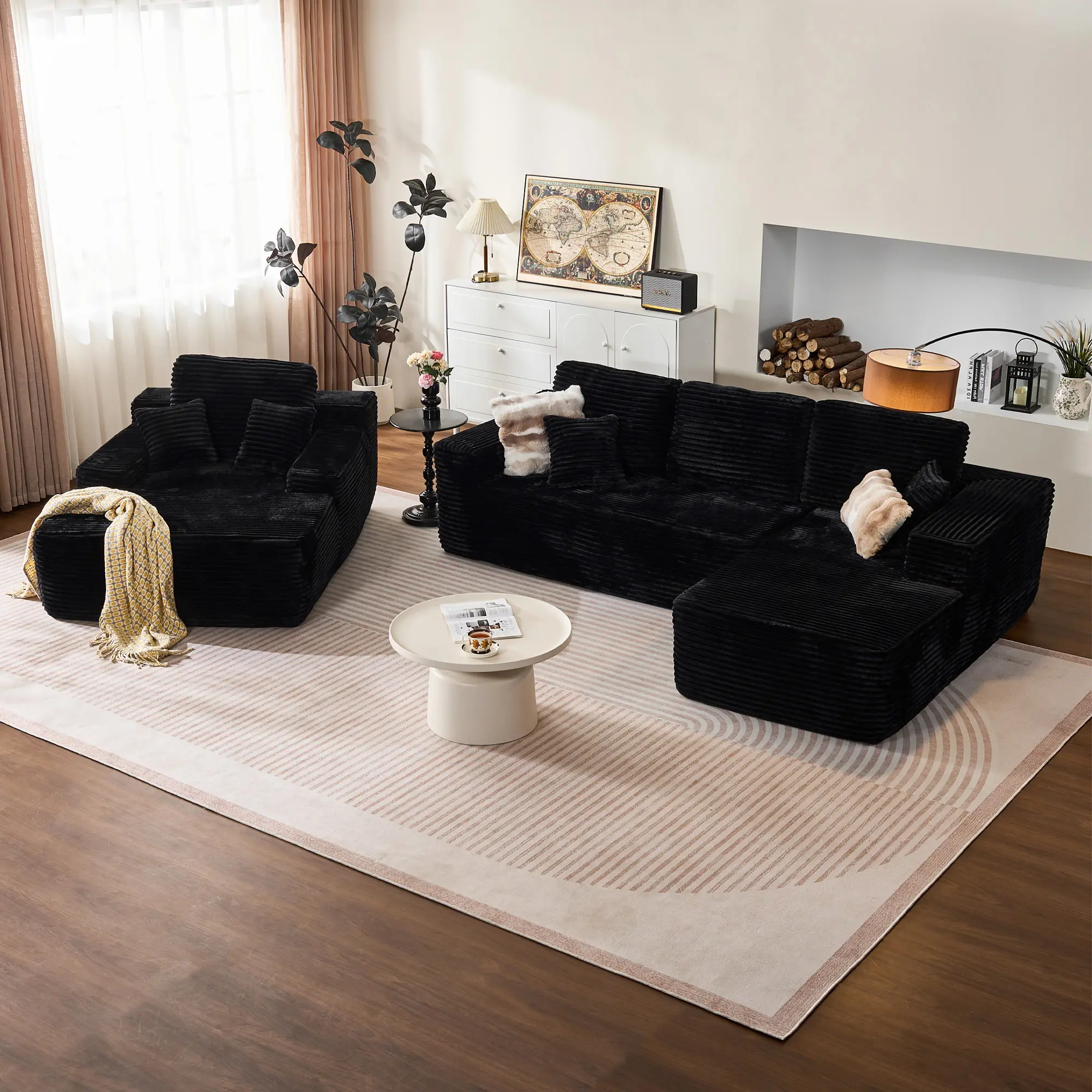 Black Plush Corduroy Right Chaise+Sofa Bed