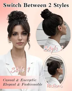2PCS Messy Bun Hair Piece-Large Wavy Curly & Donut Updo Hair Pieces Set, Scrunchies Synthetic Chignon Ponytail Extensions Thick Updo for Women(Natural Black)
