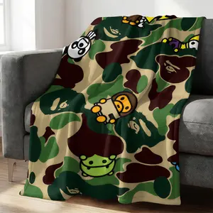 Ape Green Camo Cartoon Characters Flannel Blanket | Streetwear Camo & Cartoon Character Print, Sofa Bed Cover, Camping Warm Blanket, Skin-Friendly Nap Throw For Office, Perfect Gift for Streetwear Lovers, Cartoon Pattern Blanket