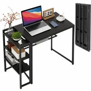35 Inch Folding Computer Desk with Storage Shelf – Space-Saving Sturdy Writing Table for Home Office, Bedroom, Dorm, Apartment – Pre-Assembled Iron Frame, No Assembly, Black