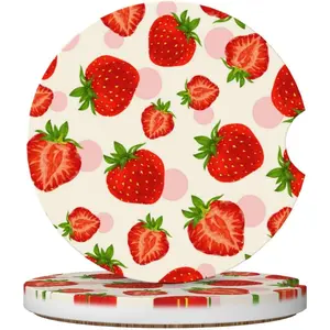 Strawberry  Coasters for Cup Holder - Absorbent Ceramic 2 Pack With Anti-Slip Cork Base and Finger Notch - Interior Accessories for Women Men 2.56"