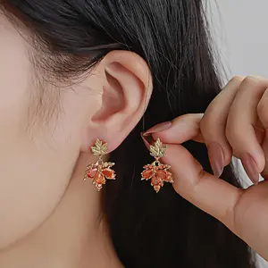 Unique design maple leaf earrings in red for evening wear, DDES0310 suitable for women's daily wear, a gift for a girlfriend or mother, 14K Gold-Plated