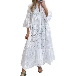 Chouyatou Women's 2025 Lace Eyelet Embroidery Maxi Dress V-Neck Trumpet Sleeve Boho Flowy Swing Dress Chouyatou Women's 2025 Lace Eyelet Embroidery Maxi Dress V-Neck Trumpet Sleeve Boho Flowy Swing Dress