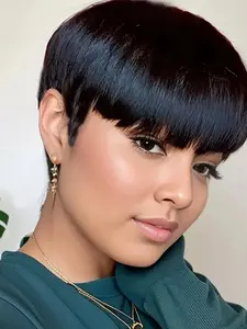 Short Pixie Cut Wig for Women Human Hair Bob Wig Layered   Full Machine Made Wig with Bangs