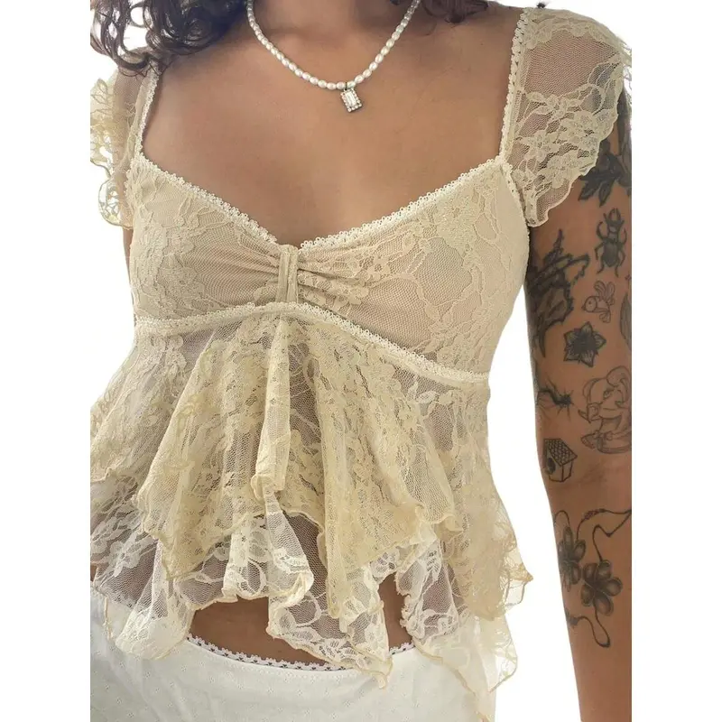 Women Summer Crop Tanks Flying Sleeve V Neck Lace Double Layered Lotus Edge Tops Fit Womenswear Casual