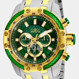 Invicta Men's Chronograph Watch with Green Dial and Gold Accents Stainless Steel Band