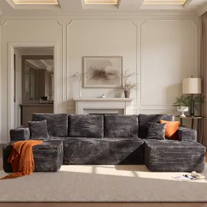 XIZZI 131" Cloud Sectional Couch for Living Room, Modular Floor Sofa with Plush Corduroy, No Assembly Required, Plush Corduroy Couches with Deep Seat Chaise Lounge