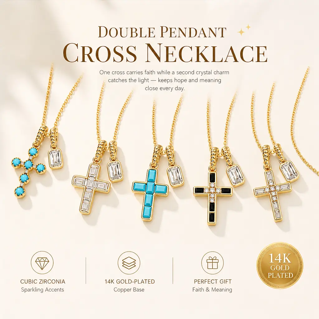 Gildelle 14K Gold-Plated Copper Double-Pendant Cross Necklace with Cubic Zirconia Accents, 5 Blue, Clear and Black Styles, Adjustable Faith Jewelry for Women