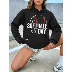 Women's "Softball All Day" Graphic Hoodie - Casual Athletic Black Pullover with Baseball & Heart Design, Long Sleeves Hoodie