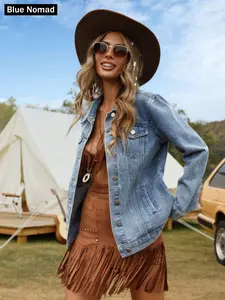 Women's Denim Jacket Classic Washed Button Front Coat with Pockets, Casual Loose-Fitting Long Sleeve Outerwear for All Seasons