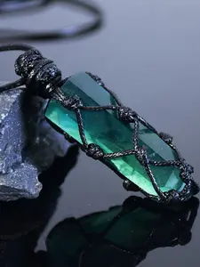 Natural Fluorite Pendant Necklace, Unisex Handmade Vintage Sweater Chain, Single Point Column Net Pocket Charm