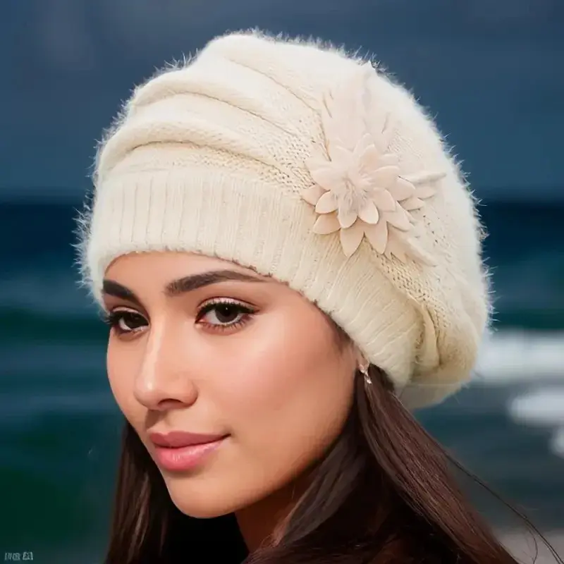 1pc Women's Winter warm Flower beanie Hat,outdoor windproof fashion Thick Beret Warm Knitted fleece Hat Autumn Winter Mom Hat