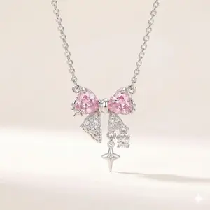 Pink Crystal Heart Bow Pendant Necklace for Women • Dainty Silver Plated Y2K Coquette Aesthetic Choker • Sparkling Micro-Pave Star-Cross Dangle Necklace • Perfect Girly Jewelry Gift