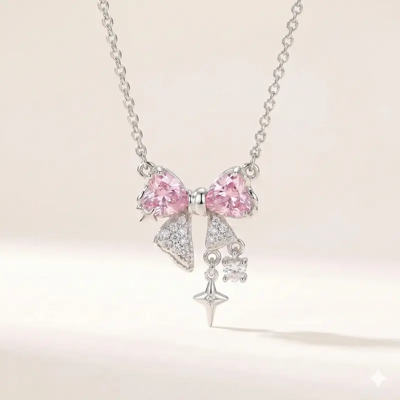 Pink Crystal Heart Bow Pendant Necklace for Women • Dainty Silver Plated Y2K Coquette Aesthetic Choker • Sparkling Micro-Pave Star-Cross Dangle Necklace • Perfect Girly Jewelry Gift