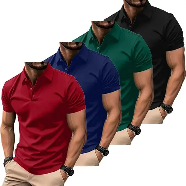 Men's 4-Pack Fitted Slim Fit Polo Shirts - Plain Short-Sleeve, Button-Front, Breathable Fabric, Workday to Weekend Wear, Suitable for Work, Golf