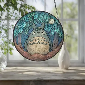 Ghibli Fan Suncatcher, Anime Lover Hobby Stained Glass, Gift For Friends, Birthday Gifts, Kids Room Decor Glass Art, Totoro Window Hanging
