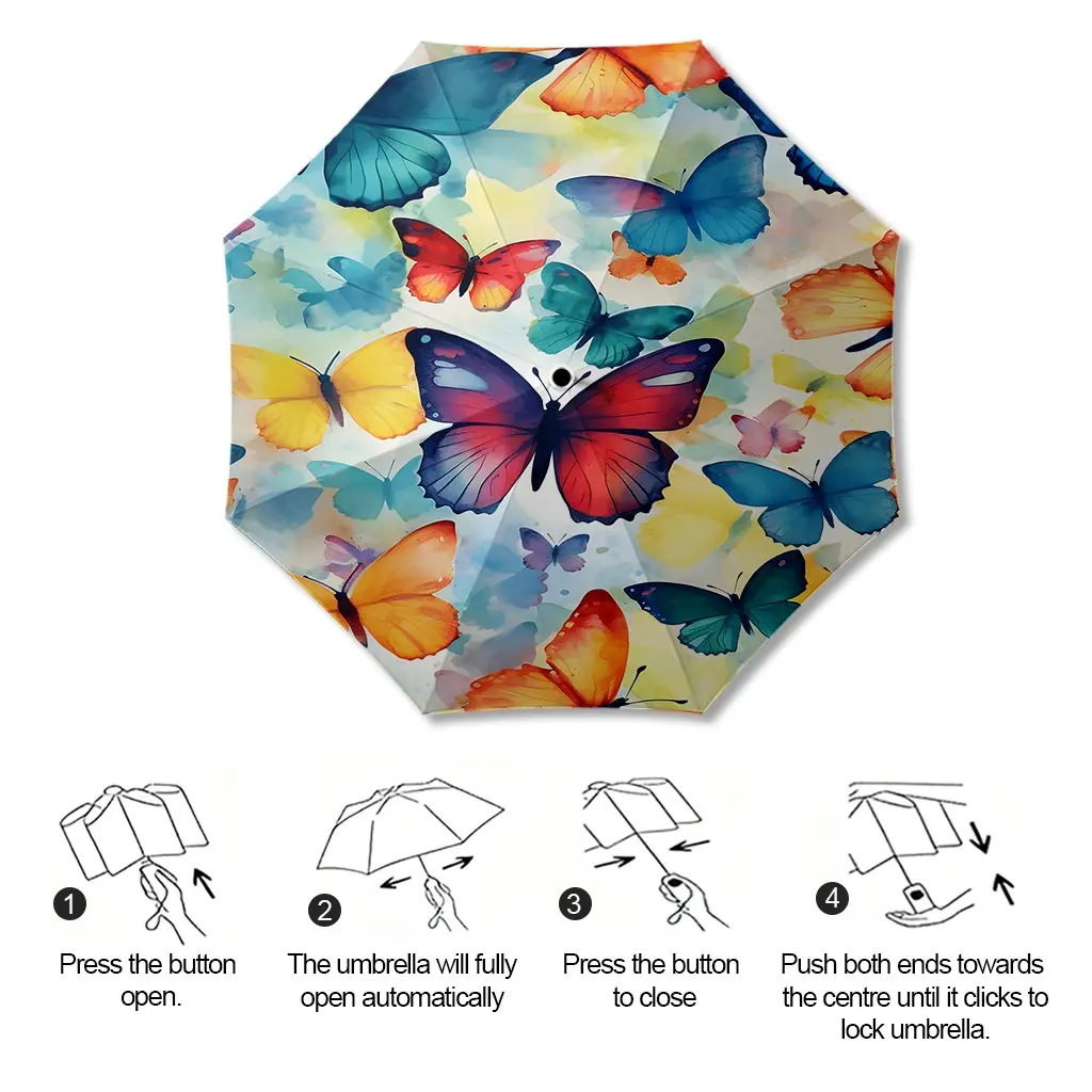 1pc Multicolor Butterfly Pattern Folding Umbrella, 8-Rib Wind-Resistant Compact Design, Portable Pocket Umbrella, Dual Use Rain and Sun Protection, Unisex Geometric Umbrella