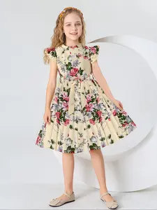 Girl's Charming Floral Print Belted Pleated Dress, Elegant Butterfly Sleeve Round Neck A Line Dress for Party Holiday Wedding Guest, Kids Clothes for All Seasons
