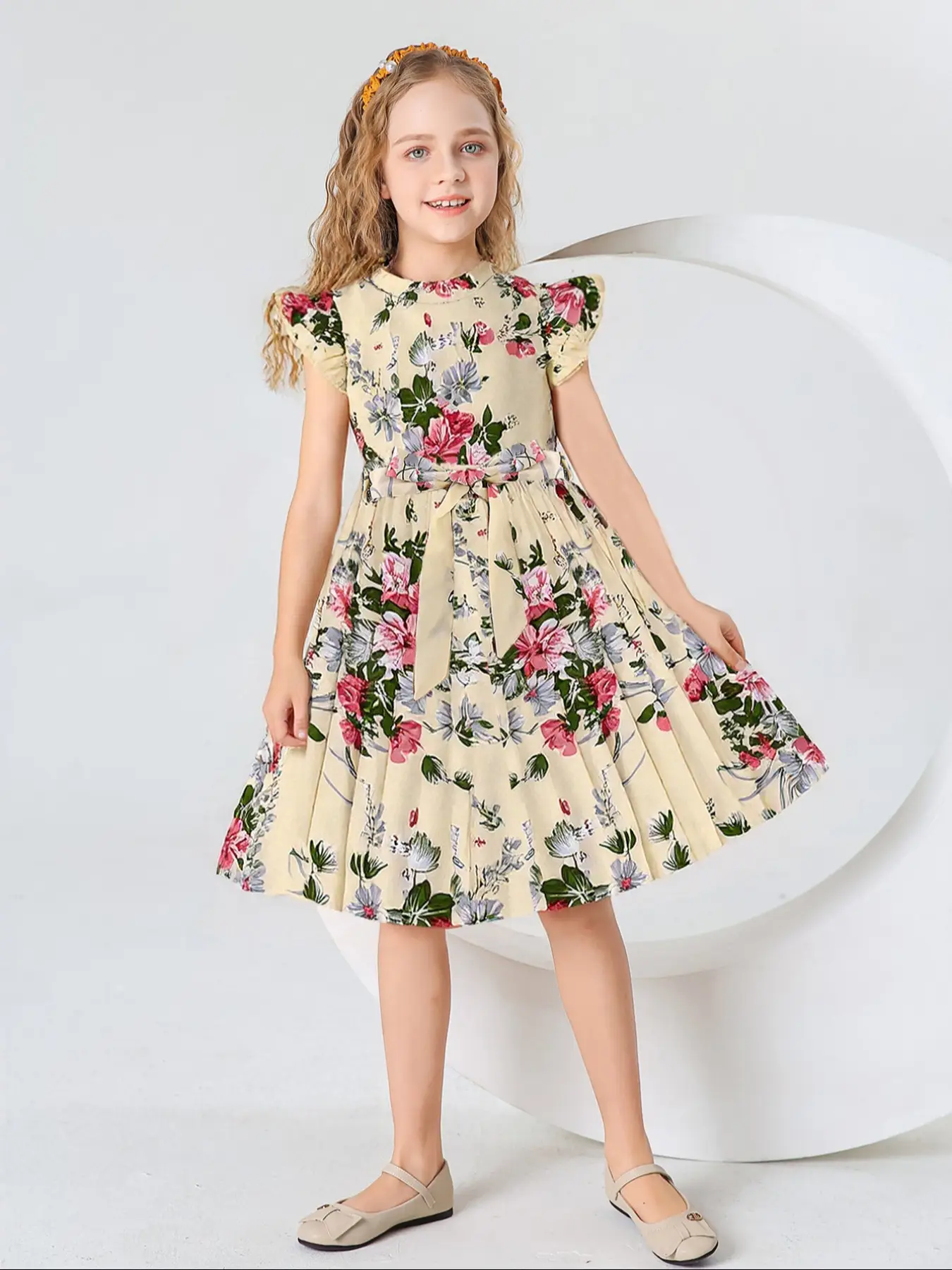 Girl's Floral Print Belted Pleated Dress, Elegant Butterfly Sleeve Round Neck A Line Dress for Party Holiday Wedding Guest, Kids Clothes for All Seaso
