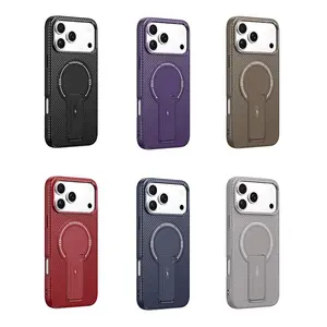 Hot Selling Carbon Fiber Magnetic Case for iPhone 17 Pro Max – PC + TPU Shockproof Cover with Bracket Stand, MagSafe Compatible