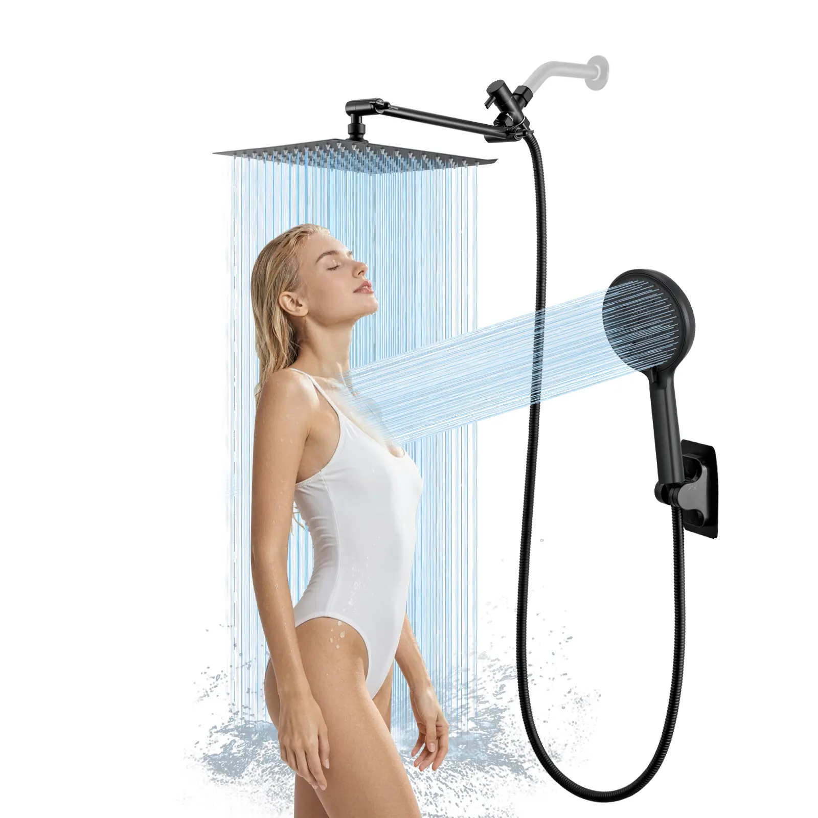 NGNP 5-Setting Metal Shower Set: 10-Inch High-Pressure Rainfall Shower Head & Handheld Combo, with 11-Inch Adjustable Extension Arm, 59-Inch Hose, and Adhesive Shower Head Holder – Matte Black