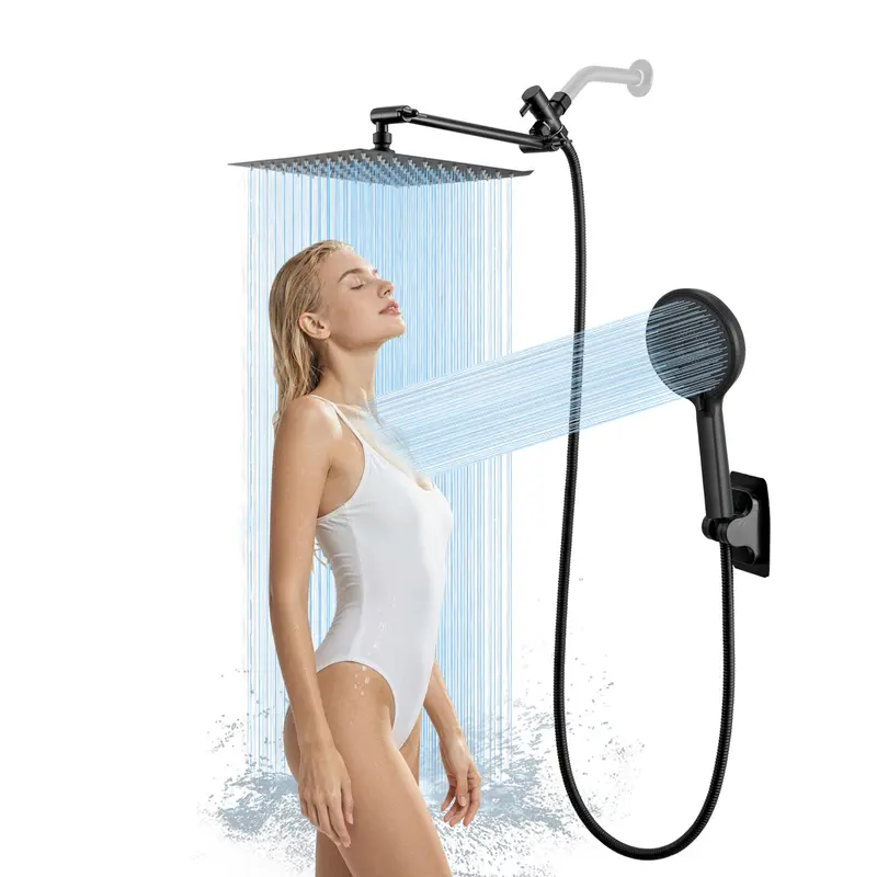 NGNP 5-Setting Metal Shower Set: 10-Inch High-Pressure Rainfall Shower Head & Handheld Combo, with 11-Inch Adjustable Extension Arm, 59-Inch Hose, and Adhesive Shower Head Holder – Matte Black