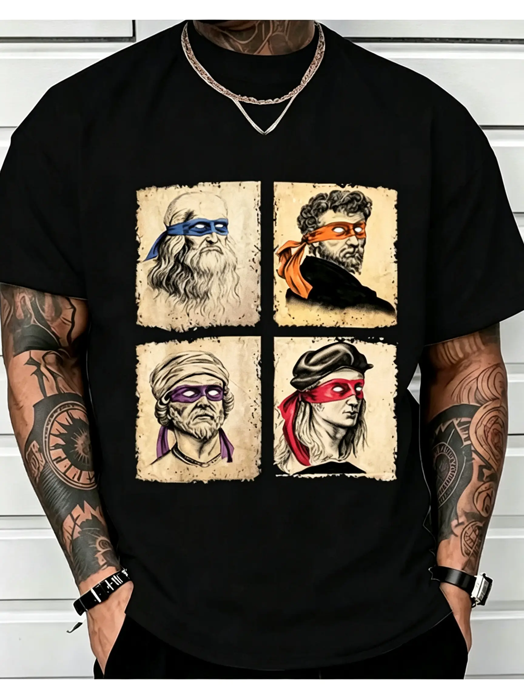 Men’s casual graphic short-sleeve T-shirt featuring humorous artwork of Italian artists and Teenage Mutant Ninja Turtles; regular fit, crew neck; suitable for art enthusiasts and TMNT fans; oversized casual men’s letter-print printed streetwear T-shirt.