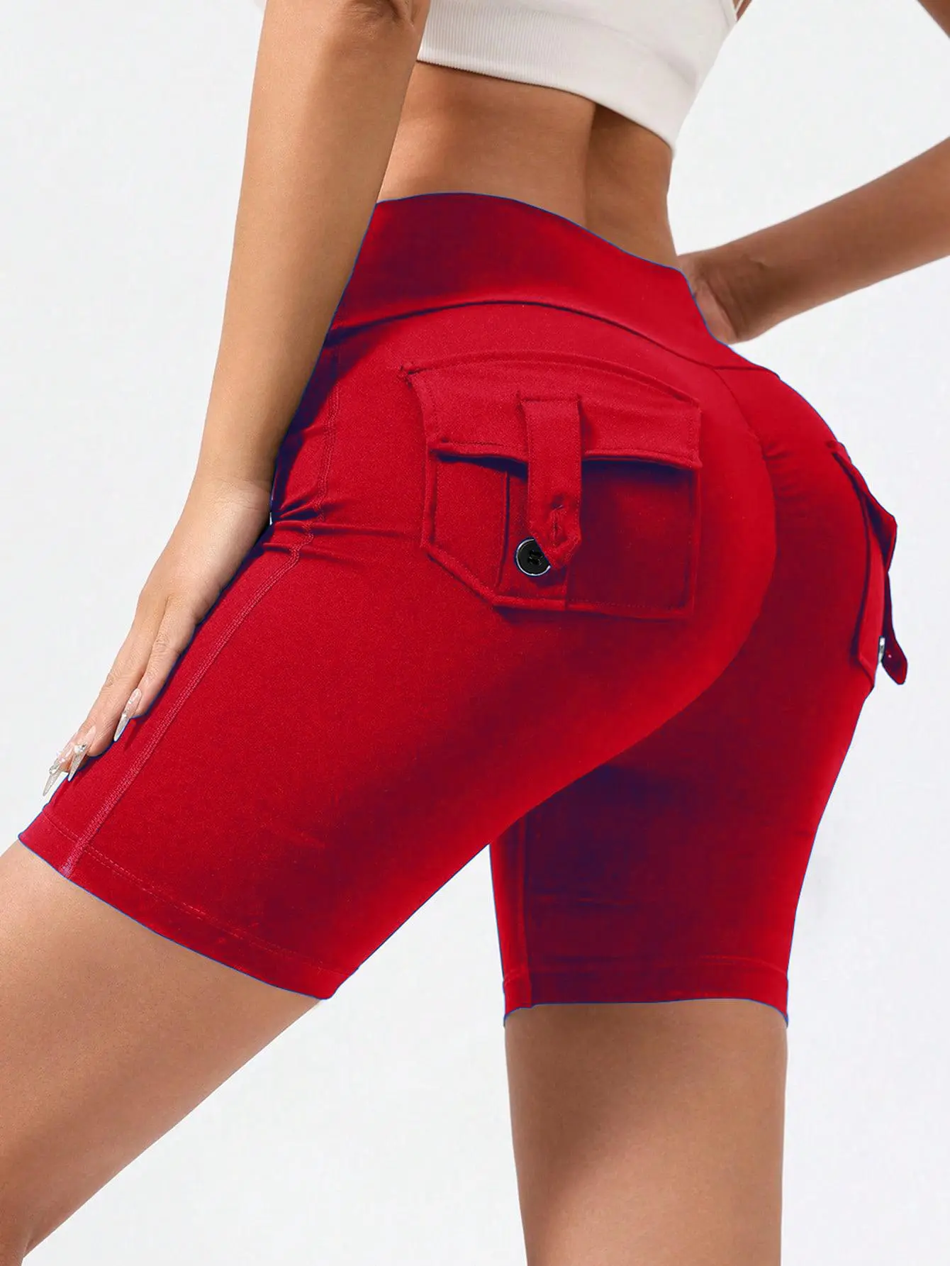 Women's QGU High-Waisted Knee-Length Active Bermuda Sports Shorts - 4-Pocket Single Pack, Slightly Stretchy Nylon Blend, Ideal for Gym, Female, All Seasons, M