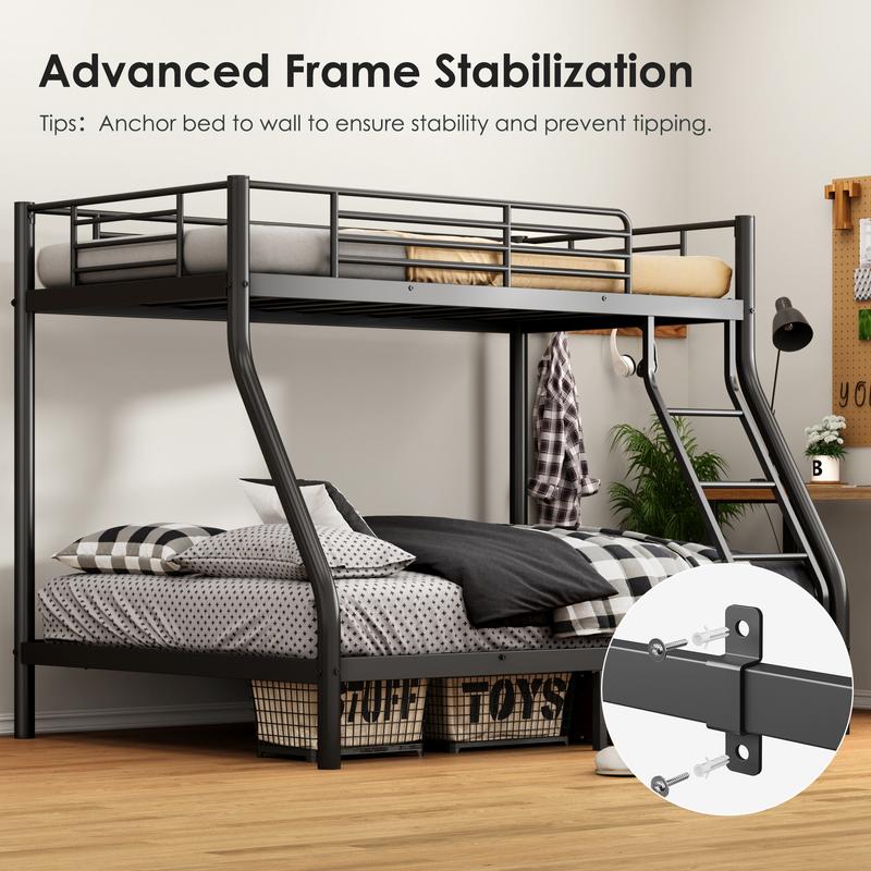 Bunk Bed Twin Over Full Size, Quiet & Sturdy Space-Saving Metal Bunk Bed with 9.8-Inch Guardrail and Ladder for Kids, Teens, And Adults, Black Heavy-Duty Frame with 400 lbs Capacity for Small Bedrooms & Shared Rooms