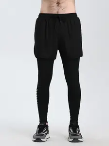 Male Men's Sporty Chic 2-in-1 Elastane Athletic Running Pants - Split Outer Shorts, Built-In Compression Leggings, Drawstring Elastic Waistband, Quick-Drying, Moisture-Wicking, Anti-Chafing for Gym Training, Jogging