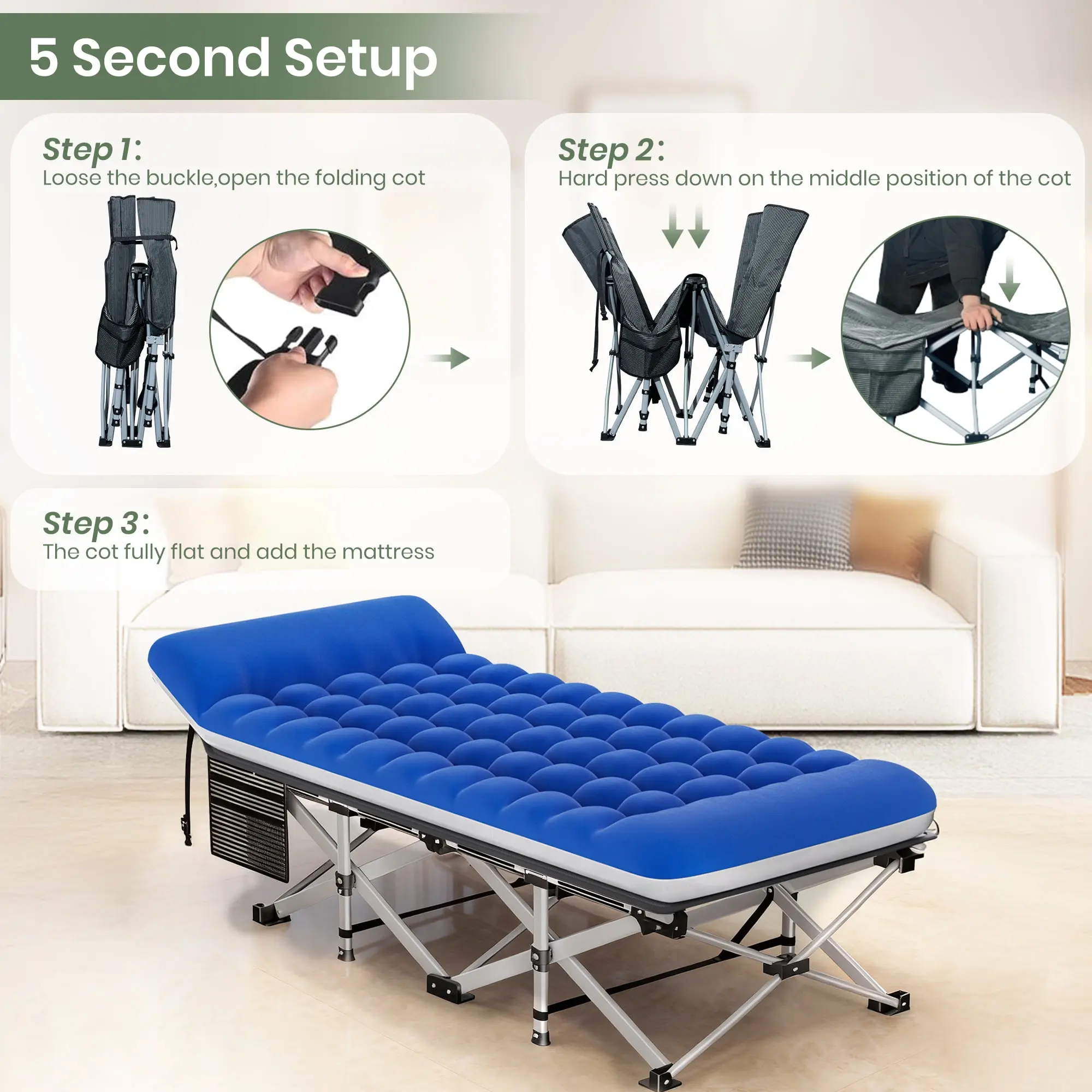 GVDV Oversized Folding Camping Cot for Adults, Heavy Duty Portable Bed with 2-Sided Mattress, 1200D Oxford Fabric, Supports 500lbs, for Camp, Office Nap & Travel