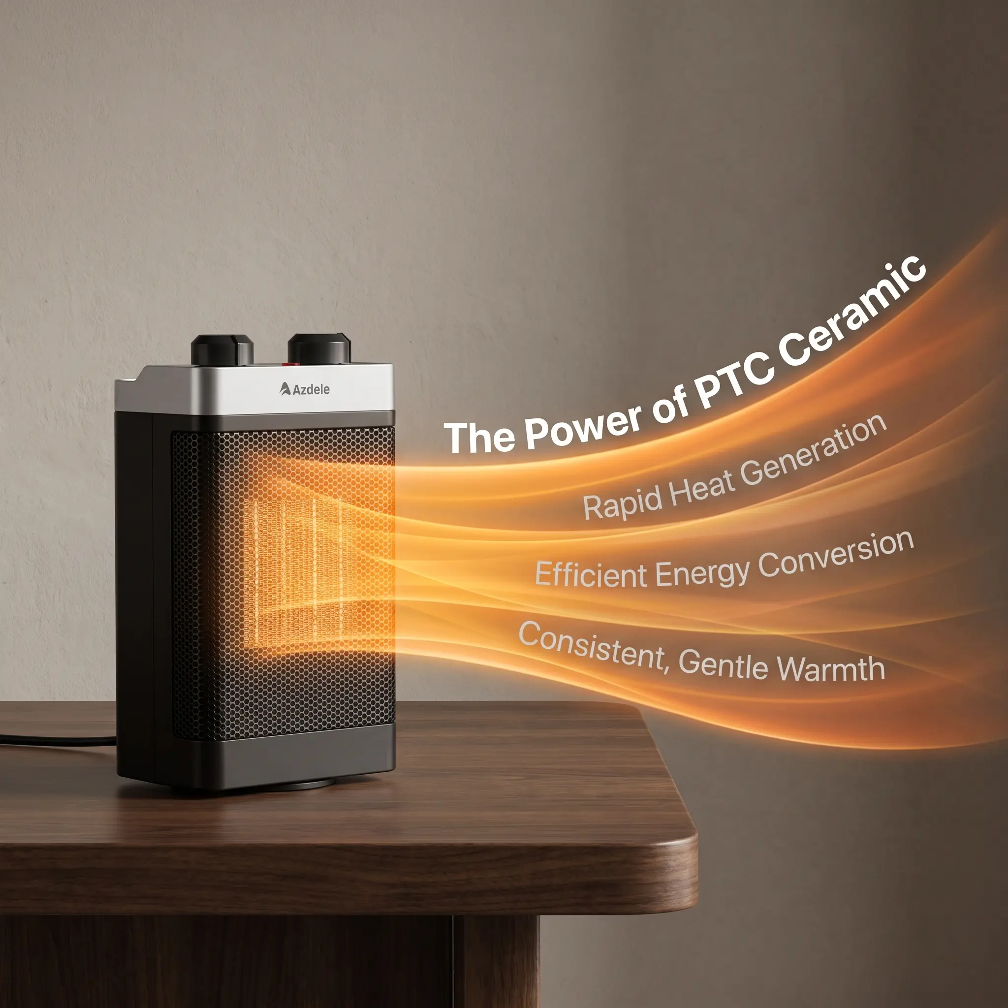 Indoor space heater featuring rapid 2-second heating, 70° wide-angle oscillation, adjustable cool and warm air settings, and natural air circulation; includes overheat protection and is suitable for bedrooms, living rooms, and offices.