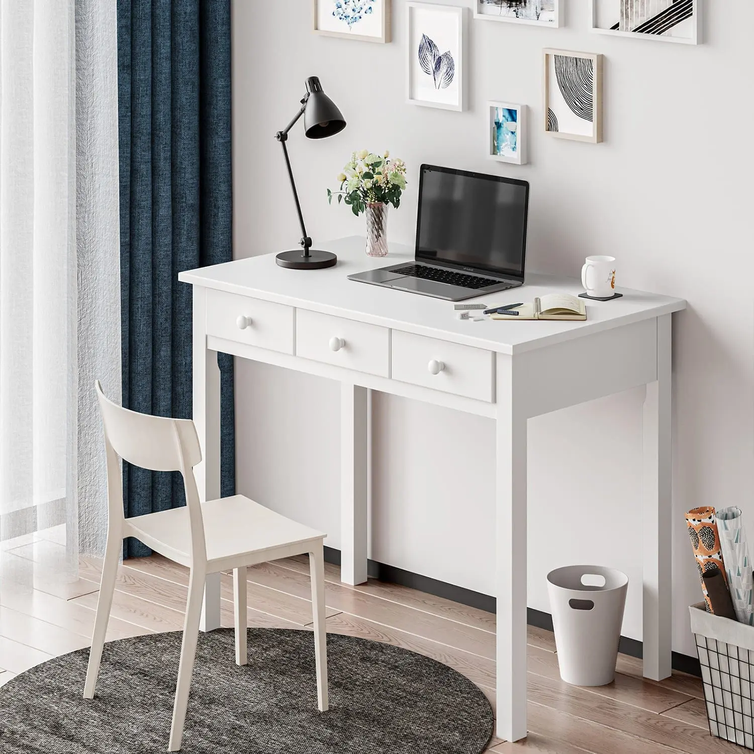Sikaic Solid Pine Wood Legs Writing Desk with 7 Drawers White