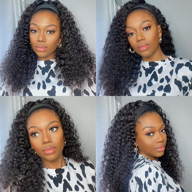 Bling Hair kinky Curly Headband Wig Human Hair 12inch None Lace Front Wigs Brazilian Virgin Hair Machine Made Wigs Glueless Deep Curly Wave Headband Half Wigs for Black Women Human Hair Natural Color