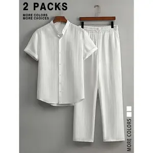 Men's Solid Top & Pants Lounge Set Loungewear, Regular Fit Casual Comfy Long Sleeve Top & Trousers PJ Set, Men's Sleepwear for All Seasons(Sheet)