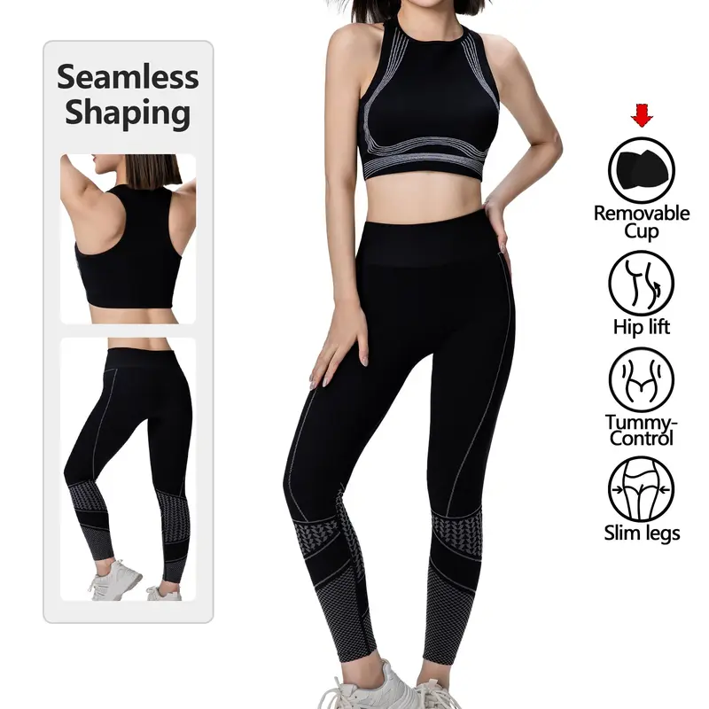 Women's 2-Piece Seamless Workout Set, Cotton-Elastane Sports Bra with Removable Cups, High-Waist Tummy Control Hip Lift Leggings for Yoga Gym, All Seasons Activewear [Live Stream Discount]