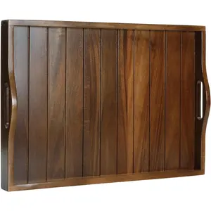 Large Acacia Wooden Serving Tray with Handles 20 x 14 inch Decorative Coffee Table Ottoman Tray for Living Room Extra Large for Kitchen Dinner Food Bar Breakfast in Bed (Dark Brown)
