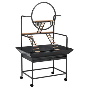 64-Inch Bird Cage Playstand with Perches & Ladders – Stackable Metal Parrot Playground with Removable Tray & Lockable Wheels, Easy-Clean Aviary for Parakeets, Cockatiels, Conures & Macaws, Black Iron Flight Stand Large Rolling Play Top