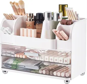 Makeup Organizer for Vanity with 2 Large Drawers,  Display Case with Brush Holders, Easy to Storage for Bathroom Countertop Skincare, Desk Office Supplies, White