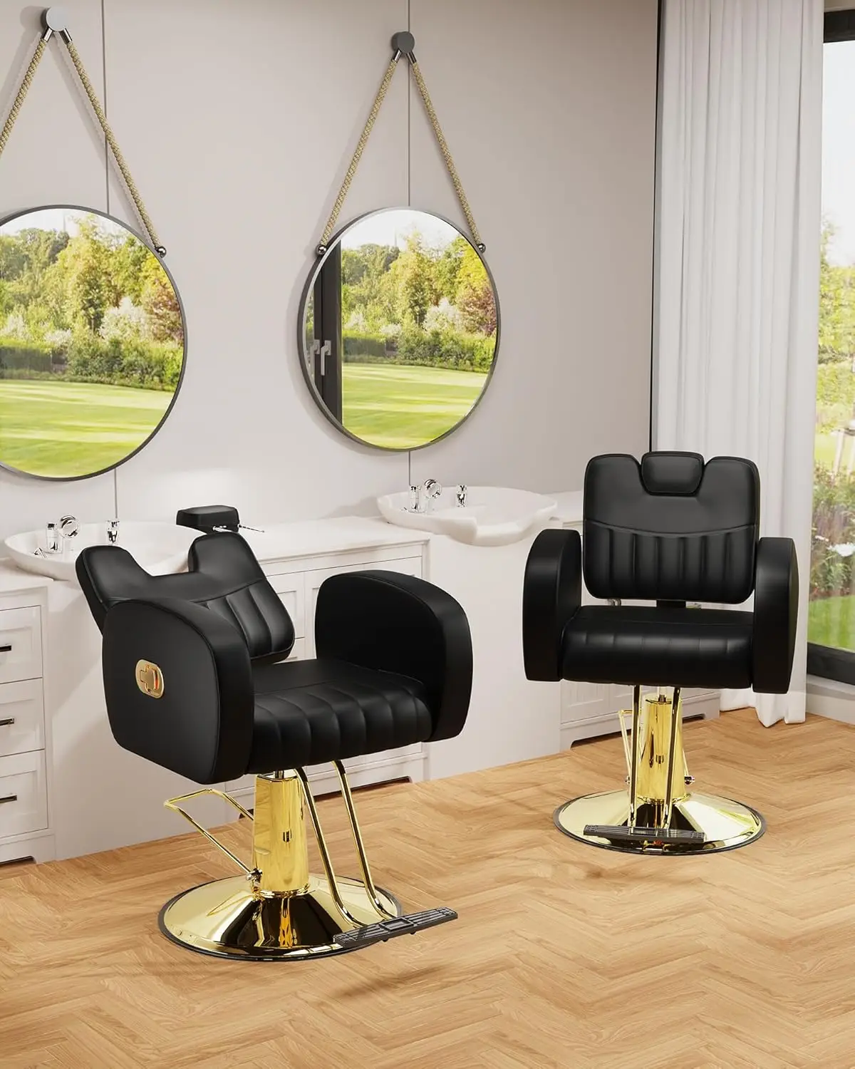 Baasha Ergonomic Gold Salon Chair with Comfortable Thickened Cushions, Heavy Duty Stylist Chair with Steel Frame, Stylish Hair Chair with Leather Upho
