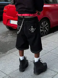American Vintage Washed Wide Leg Denim Shorts, Skull Embroidered Pocket Five-Quarter Pants, Street Hip-Hop Loose Skateboard Mid-Thigh