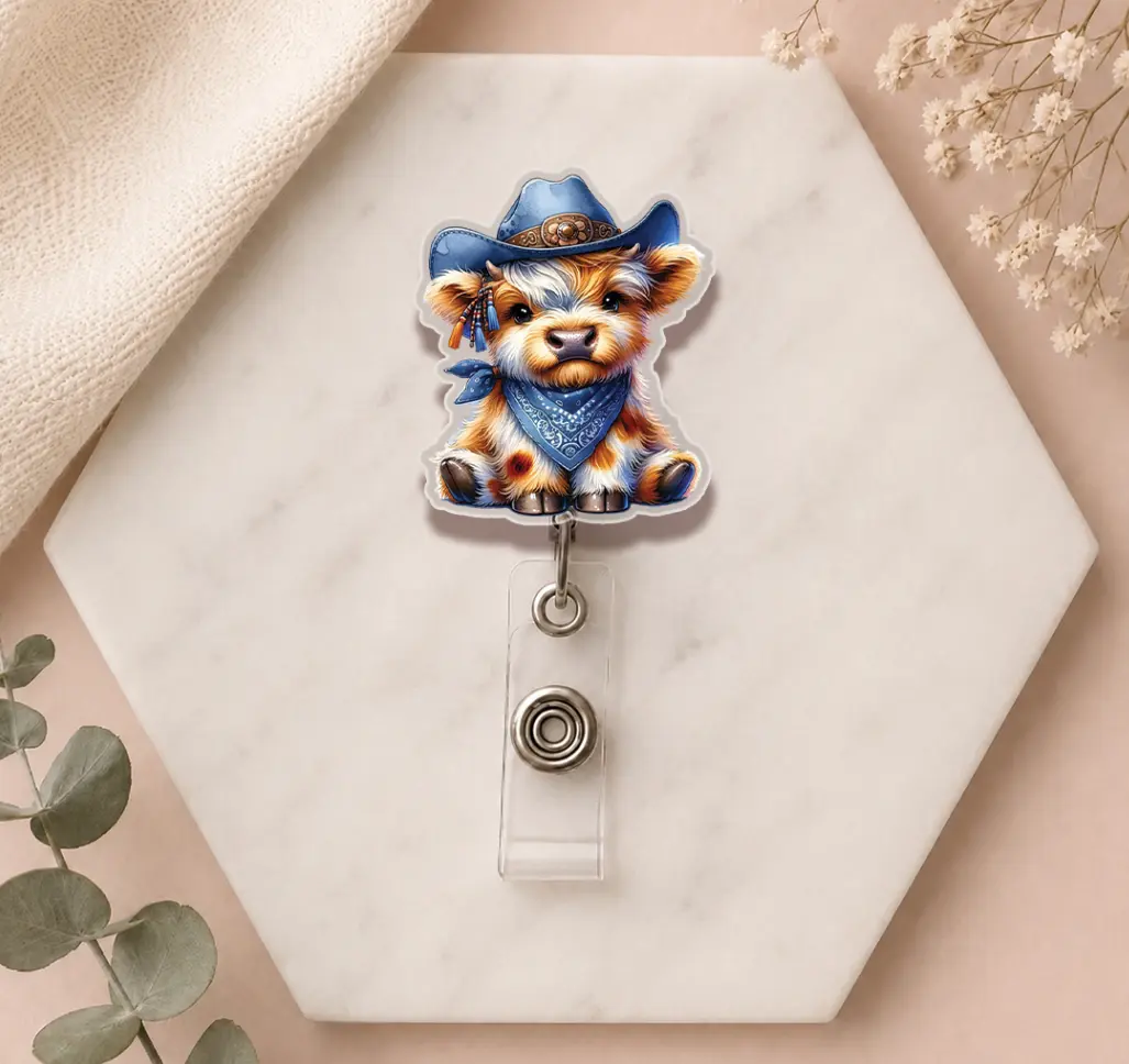 Blue Cowboy Highland Cow Acrylic Badge Reel, Cute Western ID Badge Holder, Retractable Nurse Name Tag Clip, Blue Bandana Cow Office Supply, Cute Work Accessory