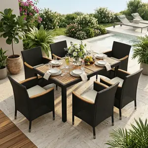 【3 Packages】Costoffs 7-Piece Outdoor Dining Set with Wooden Table and 6 Rattan Armchairs, 300lb Capacity per Chair for Patio and Backyard,summervibes