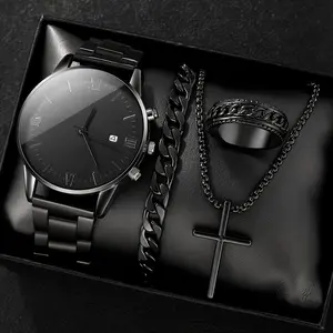 Simple Men's Jewelry Set Watch Bracelet Necklace Ring Premium Stainless Steel Band Timepiece Gifts for Casual Formal Wear