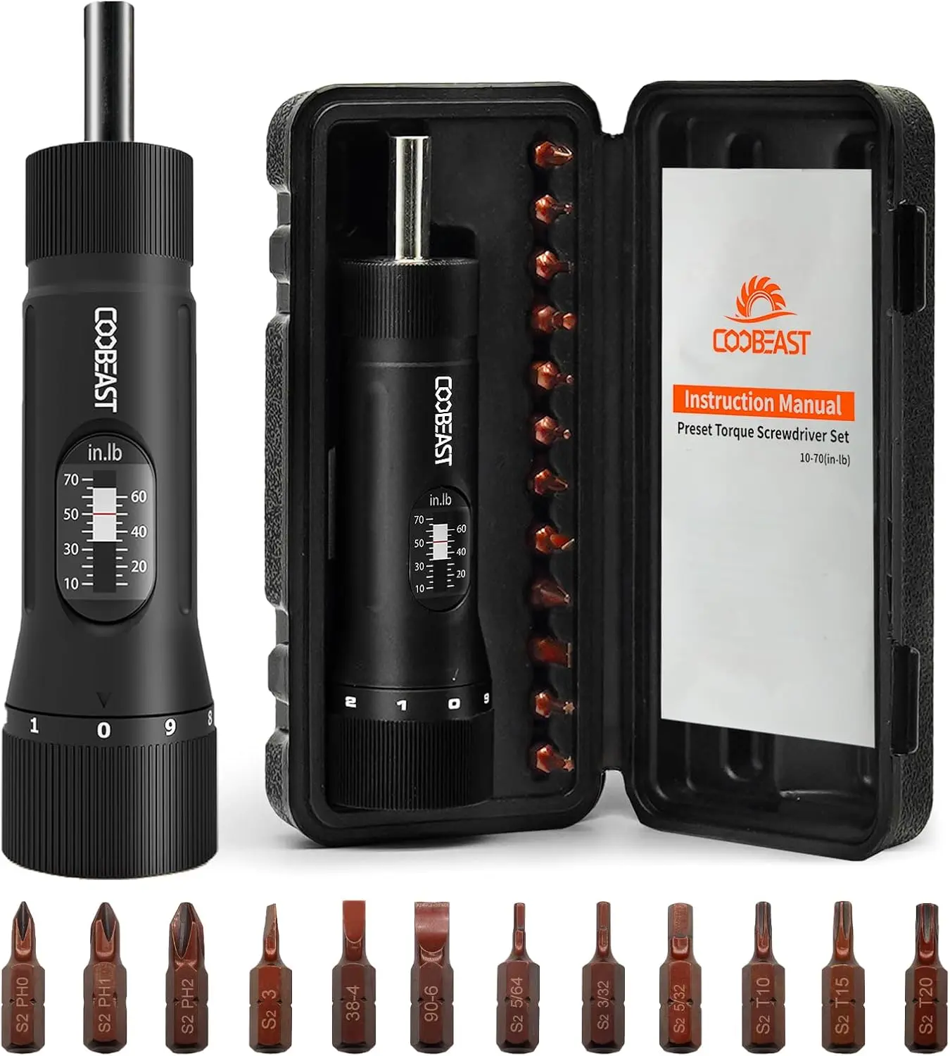 13Pcs 1/4” Drive Preset Torque Screwdriver Set with S2 Bits, 10-70 In-lb Range for Bike Repair, Equipment Maintenance