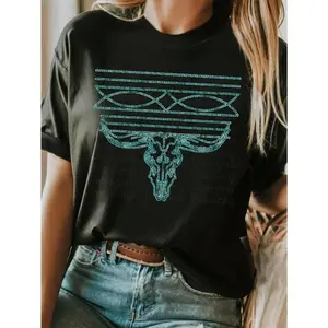 180g[100%cotton]Elegant Western Style Turquoise Boot Stitch Cowgirl Shirt Versatile Casual Dressy Cotton Breathable Womenswear Black Crewneck T Shirt