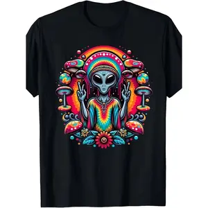Psychedelic Alien Peace Sign & Mushroom Graphic T-Shirt, Trippy Tie-Dye Cotton Oversized Comfort Outfit, Hippie Alien Fashion Tee, Casual Crew Neck Black Short Sleeve Top, Perfect Festival & Holiday Gift For Trippy Art Lovers