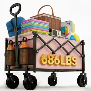 Large-capacity Heavy-duty All-terrain Folding Cart - Stainless Steel Frame And 600D Oxford Fabric, Foldable Multifunctional Wagon, Suitable for Camping, Gardening, Beach, Shopping No Assembly Required, Black, Garden Tool Holder, Sturdy Handle Design